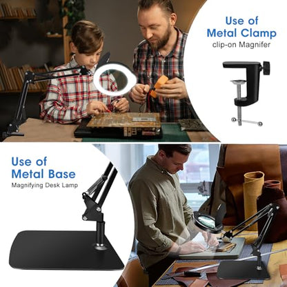 15X HD Magnifying Glass with Light, Hands-Free Desk Magnifier with 2-in-1 Base & Clamp, Adjustable Swing Arm, 5 Color Modes, 10 Brightness Levels for Reading, Crafts, Sewing & Nail Art - style: Clamp+Stand【UPGRADE】