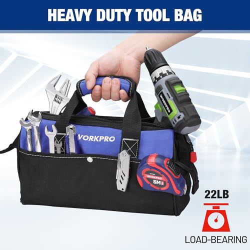 WORKPRO 13-inch Tool Bag, Wide Mouth Tool Tote with Inside Pockets - color: Blue