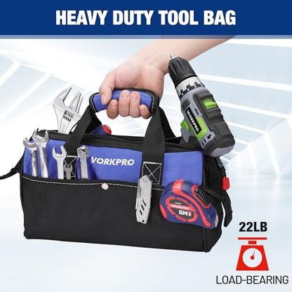 WORKPRO 13-inch Tool Bag, Wide Mouth Tool Tote with Inside Pockets - color: Blue