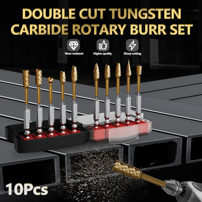 CATITO 10Pcs Carbide Burr Set with 1/4" Quick-Change Shank - size: 10PCS-HEX