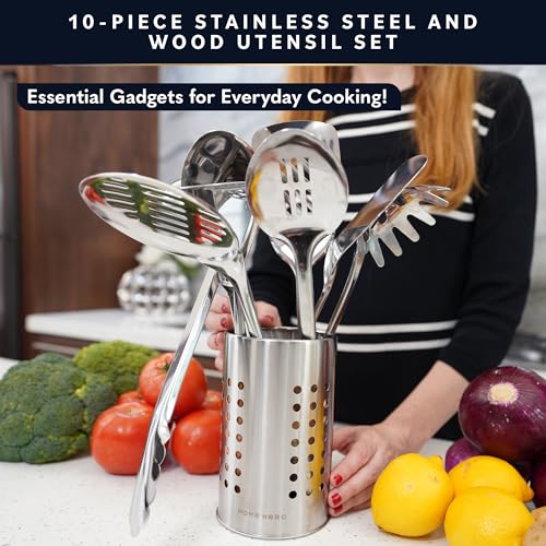 Home Hero 10-Piece Stainless Steel Kitchen Utensil Set with Wooden Handle - size: 10 pieces