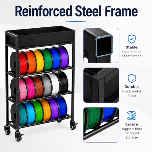 MAYJOY 3D Printer Filament Storage Rack with Wheels, Top Bin, 4-Tier, Metal - size: 4-Tier Single-Row Cart