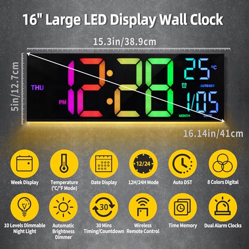 HAITANG 16.2" Black Digital Wall Clock, 8 Colors, Remote & Night Light - color: Black