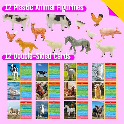 12 PCS Farm Animal Figurines with 12 Introducing Flashcards, Realistic Farm Animals Playset Montessori Toys Science Educational Matching Game for Homeschool Preschool Toddler Kids - style: Farm animal set (including cards)