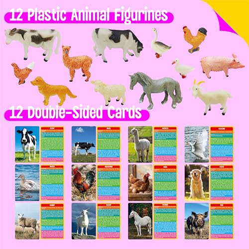 12 PCS Farm Animal Figurines with 12 Introducing Flashcards, Realistic Farm Animals Playset Montessori Toys Science Educational Matching Game for Homeschool Preschool Toddler Kids - style: Farm animal set (including cards)