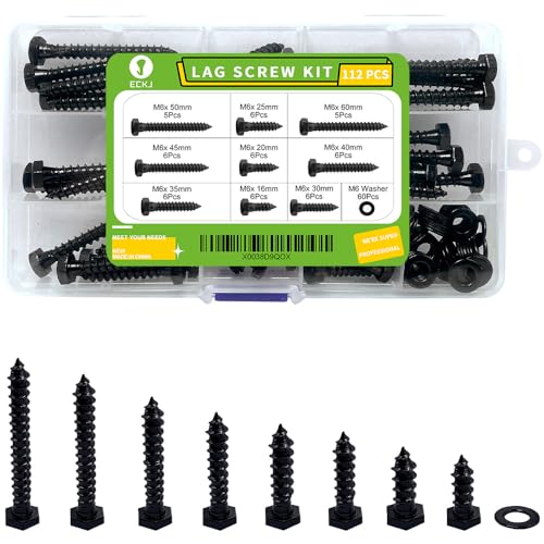 Hex Lag Bolts 112PCS M6 Hex Head Lag Screws Washers Assortment Kit Fully Thread Heavy Duty Hexagon Wood Screw Zinc Plated Black Metric Length Include 16/20/25/30/35/40/45/50/60mm