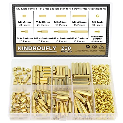 220 Pieces M3 Male Female Hex Brass Standoffs Spacers Screws Nuts Kit, Kindroufly Brass Standoffs Assortment Kit for PCB Motherboard - size: M3 Brass Standoffs