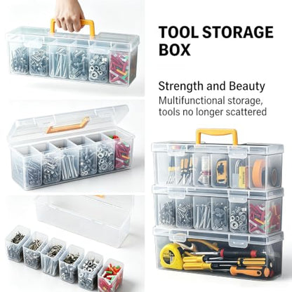 Small Parts Organizer Box with Transparent Lid 1‑Pack, 6-Compartments Movable Organizer Box with for Hardware, Screws, Bolts, Nails, Beads, Jewelry and Fishing Small Accessories, NOT for Large Tools