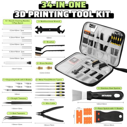3D Printer Tools Kit, 34pcs 3D Printer Accessories for All FDM/SLA Printers Includes Nozzle Cleaning, Removal Scrapers, Finishing Tools, 5 Types of Files,Brushes, Wire Cutter, Engraving Knife - style: All-purpose Kit