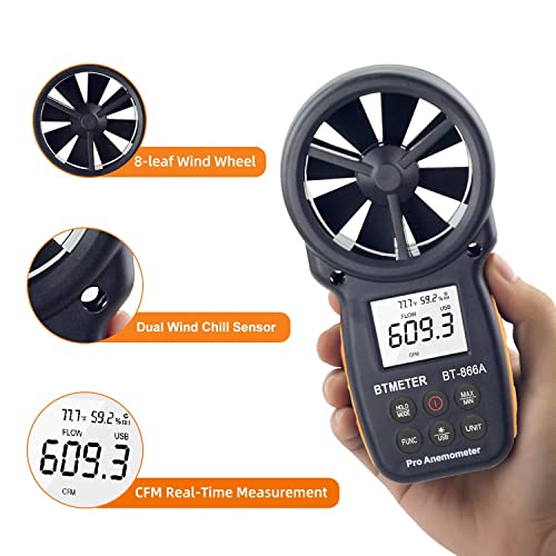 BTMETER 866A Pro Handheld HVAC Anemometer CFM Air Flow Meter(Wet Bulb Temp)