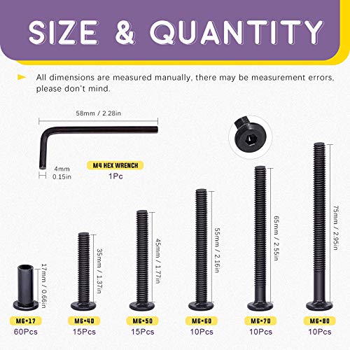 Swpeet 120Pcs M6x40mm/50mm/60mm/70mm/80mm Carbon Steel Black Hex Drive Socket Cap Bolts Barrel Nuts Kit with 1Pcs Hex Key, Screw Post Fit for Furniture Countsunk Belt Buckle Leather Binding Bolts - size: M6x40mm/M6x50mm/M6x60mm/M6x70mm/M6x80mm