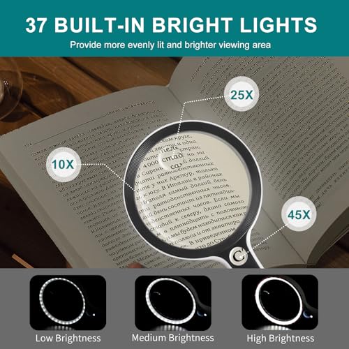 Large Magnifying Glass with 37 LED Light and Case, 10X 20X 45X Handheld - style: Magnifier with 37 LED Light and Case