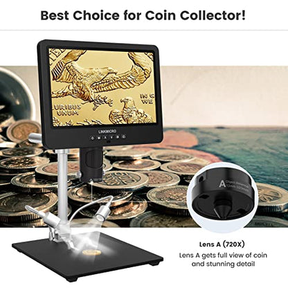 LM249MS 3 Lens 10.1" HDMI Digital Microscope 2000X, 2160P Video - size: 3 Lens 10.1" HDMI