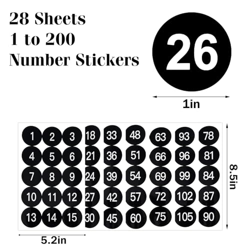28 Sheets 1.5 Inch Number Stickers 1-200 Number Stickers 2 Sets Black Self-Adhesive Consecutive Sticker Numbers Vinyl Numbered Labels Inventory Stickers Decal for Indoor Outdoor, Storage, Organizing - color: Black,1.5",2sets(1-200)
