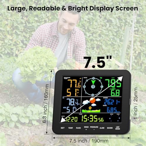 Weather Station Wireless Indoor Outdoor, Wireless Weather Station with Digital Display, Rain Gauge, Wind Speed, Air Pressure, Temperature, Humidity, Weather Forecast & Adjustable Backlight - No WiFi