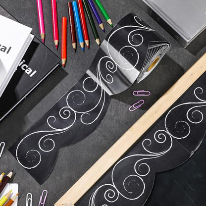 Outus 68 ft Black and White Bulletin Board Border, 2.99 in - size: 2.99 Inches, style: Swirls