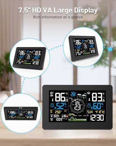 WiFi Weather Station Wireless Indoor Outdoor, Thermometer with Rain Gauge and Wind Speed/Direction, Large Display for Weather Forecast, Temperature, Humidity, Clock, Alarm, UV, Air Pressure, Black