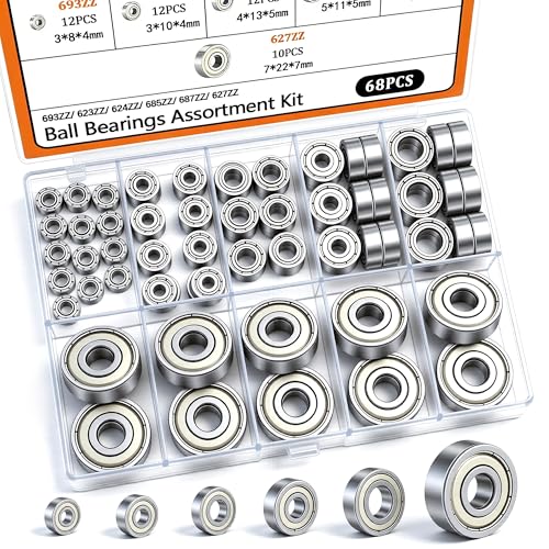 Dianrui 68 PCS 693ZZ/ 623ZZ/ 624ZZ/ 685ZZ/ 687ZZ/ 627ZZ Ball Bearings Assortment Kit, Small Bearings Carbon Steel Deep Groove Bearing, for Furniture Wheel, Roller Skates, 3D Printing and ect —6 Size - size: 693ZZ/623ZZ/624ZZ/685ZZ/687ZZ/627ZZ-68PCS