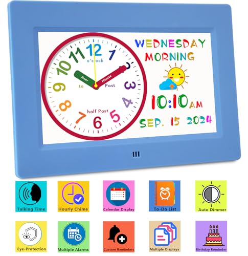 MASSII Digital Teaching Clock Talking Time, 24 Alarms Custom Reminders, Checklist to-Do List, Auto DST & Calendar Display, Sleep Trainer, Easy to Use for Kids Birthday Gift- Blue with Remote - color: Kids-blue