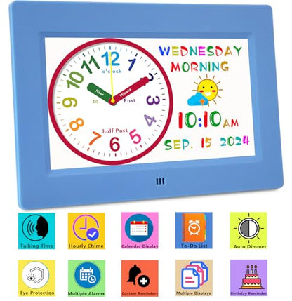 MASSII Digital Teaching Clock Talking Time, 24 Alarms Custom Reminders, Checklist to-Do List, Auto DST & Calendar Display, Sleep Trainer, Easy to Use for Kids Birthday Gift- Blue with Remote - color: Kids-blue