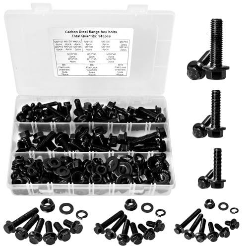 248PCS Flanged Hex Head Bolts, Hakkin Black Metric Bolt m6 m8 m10 Machine Screw Assortment Kit, M6-1.0 M8-1.25 M10-1.5 Flanged Screws Nuts Flat Spring Washers, Assorted Screws Nuts - size: G. M6 M8 M10