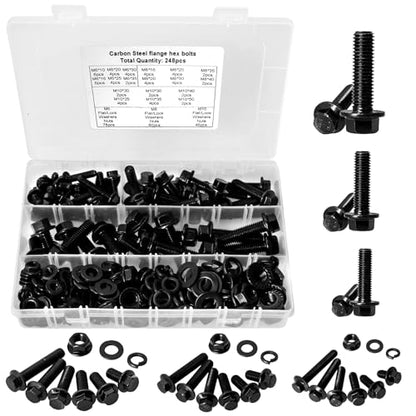 248PCS Flanged Hex Head Bolts, Hakkin Black Metric Bolt m6 m8 m10 Machine Screw Assortment Kit, M6-1.0 M8-1.25 M10-1.5 Flanged Screws Nuts Flat Spring Washers, Assorted Screws Nuts - size: G. M6 M8 M10