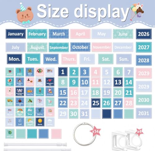 96 Cards Classroom Bulletin Board Decorations Set for Teachers,Flip Calendar with Holder for Classroom,Adjustable Calendar,Preschool Elementary Home Decor Supplies（Blue and Green） - style: Blue and Green