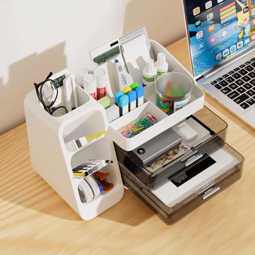 White Desk Organizer with Drawers, 2-Tier Desktop Organizer with Pen Holder, Office Supply Organizer for Desk Organization and Storage