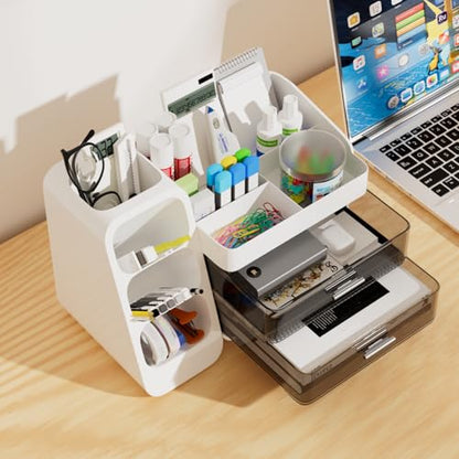 White Desk Organizer with Drawers, 2-Tier Desktop Organizer with Pen Holder, Office Supply Organizer for Desk Organization and Storage
