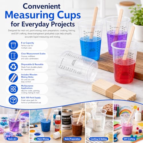 8oz Clear Plastic Measuring Cups, Graduated Mixing Cups, 100 Pack