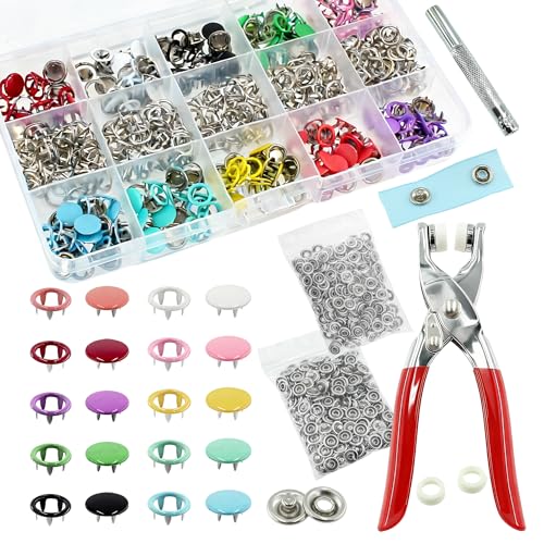 SHRJ 240Sets Metal Snaps Button Kit with Pliers Press Tool for Sewing - style: 240 Sets(Hollow & Solid)