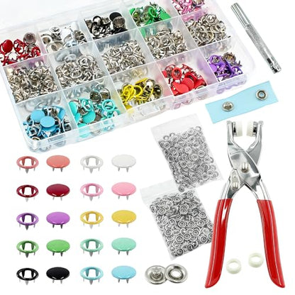 SHRJ 240Sets Metal Snaps Button Kit with Pliers Press Tool for Sewing - style: 240 Sets(Hollow & Solid)