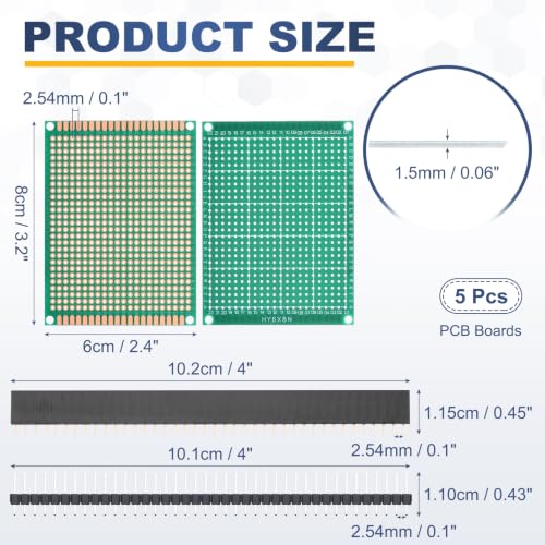 5Pcs 8x6cm PCB Prototype Board w 40-Pin Headers, Green - size: 8x6cm(2.54mm Pitch/1.5mm T)