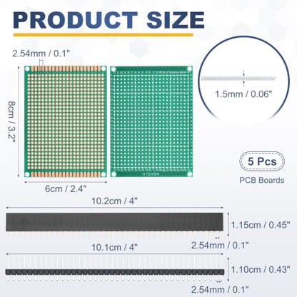 5Pcs 8x6cm PCB Prototype Board w 40-Pin Headers, Green - size: 8x6cm(2.54mm Pitch/1.5mm T)