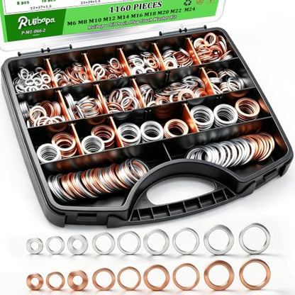 1160PCS Oil Drain Plug Crush Washer Kit,18 Sizes Aluminum Oil Drain Plug and Copper Gasket Assortment, M6 M8 M10 M12 M14 M16 M18 M20 M22 M24,Crush Washer Oil Drain Plug - size: 1160PCS