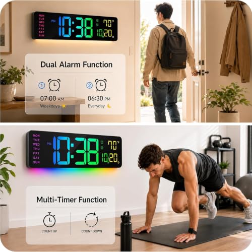 16" Large Digital Wall Clock for Classroom with RGB Remote Dual Alarm Timer - color: Clock-adt-rgb