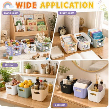 6 Pack Large Plastic Book Bins for Classroom with Composition Label Stickers Large Stackable Toy Storage Baskets Boxes Book Storage Bins for Back to School Library Home Office Organization Supplies