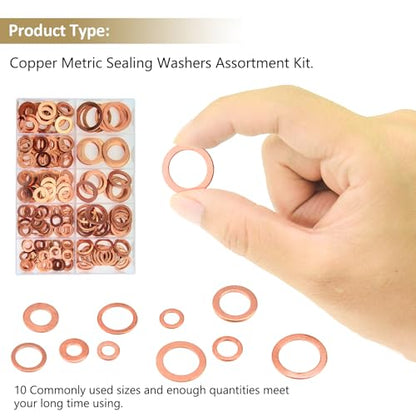 225 Pieces Copper Metric Flat Washers, Sealing Washers, Kindroufly 10 Sizes Copper Washers, Metal Washers Assortment Kit (M5 M6 M8 M10 M12 M14 M16)