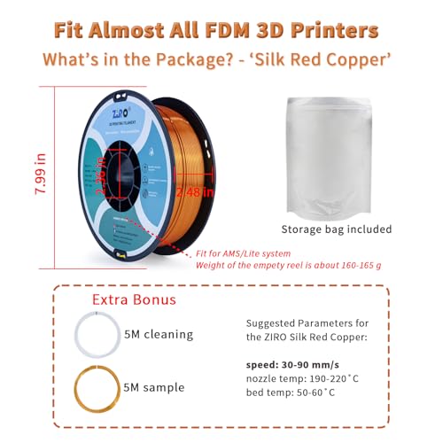 ZIRO PLA 3D Printer Filament, Shiny Glossy Surface, 1KG/2.2lbs, Red Copper - color: Silky-red Copper