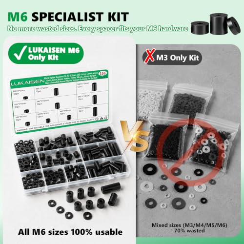 156Pcs M6 Black Nylon Spacers Kit, 3-20mm for M6 Screws Bolts - size: 156PCS M6