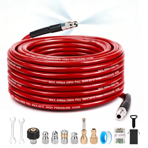 Sewer Jetter Kit for Pressure Washer, 50FT 5800 PSI Drain Cleaner Hose with 1/4" NPT Corner, Rotating and Button Hose Sewer Jetting Nozzle, Waterproof Tape, Pearl Corsage Pin, Spanner, Glove - color: Red - Hose Only, size: 50FT