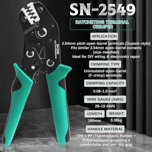 SN-2549 Ratcheting Open Barrel Crimper Kit, 2316PCS JST-XH 2.54mm/JST-PH 2.0mm/DuPont Connectors & Terminals, w/Pin Headers & Ribbon Cable, 0.08-1.0mm² (28-18 AWG) - color: 2316pcs