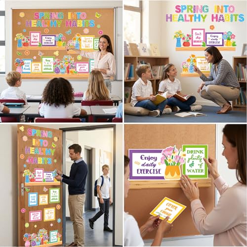 Qilery Spring Healthy Habits Bulletin Board Set Classroom Decorations - style: Spring into Healthy Habits