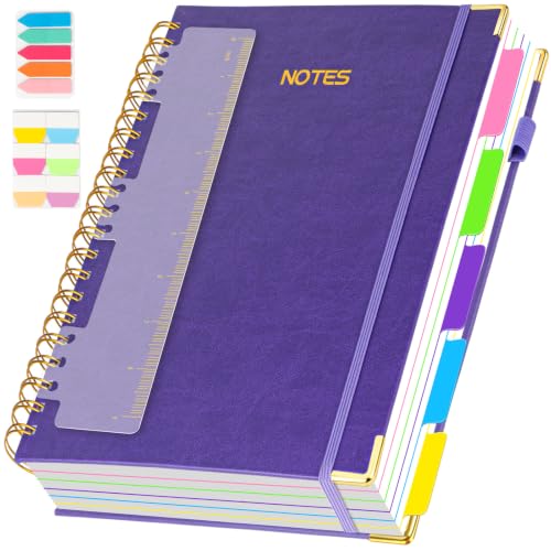 Hardcover Spiral Notebook with Removable Dividers Tabs & Ruler, 300 Pages 5 Subject Notebook College Ruled, 8.5" x 11" Lined Journal for Women & Men, Notebooks for Work, School & Note Taking, Purple - color: Purple, size: 8.5"x11"