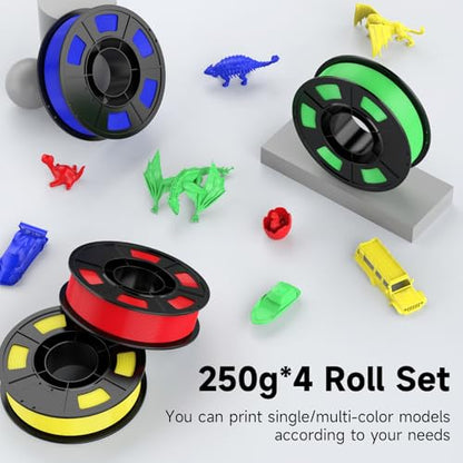 PLA Filament 1.75mm Bundle, WEEDO 3D Printer Filament, Dimensional Accuracy ±0.02mm, Clog-Free, Tangle-Free Packed, Blue+Green+Red+Yellow (250g*4) - color: Multicolor1
