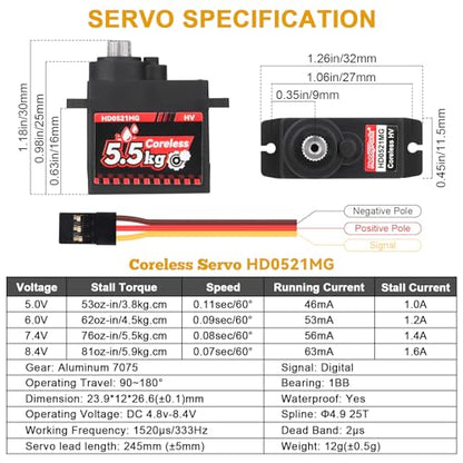 HobbyPark 2-Pack Waterproof 5.5kg High Torque Micro Servo Coreless Motor Metal Gear Arduino Servo RC Servo for 1/24 Crawler Cars Boats Robotics SCX24 Steering Servo 4.8-8.4V