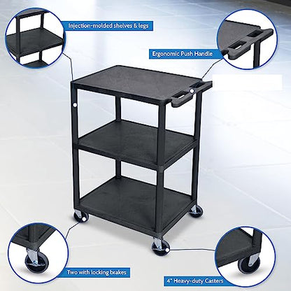 Luxor Multipurpose Three Shelves Structural Foam Plastic Storage Utility Cart - Black