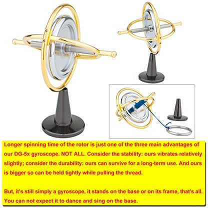 DjuiinoStar Heavy Duty Gyroscope (CNC Machined Solid Steel Rotor): Stable&Robust (Pass 2nd Floor Drop Test); Long Spin Time (More Tricks); Premium Fidget Toy, Magic Anti-Gravity Gear DG-5PROLite-03 - color: Silver + Gold