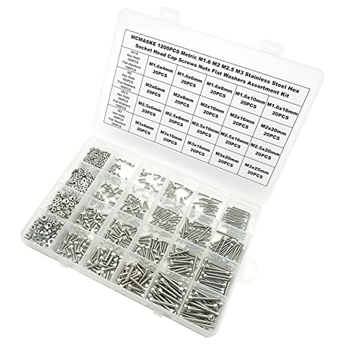 1200PCS M1.6-M3 304 SS Socket Head Cap Screws Nuts & Washers Kit - size: M1.6M2M2.5M3