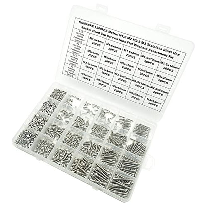 1200PCS M1.6-M3 304 SS Socket Head Cap Screws Nuts & Washers Kit - size: M1.6M2M2.5M3